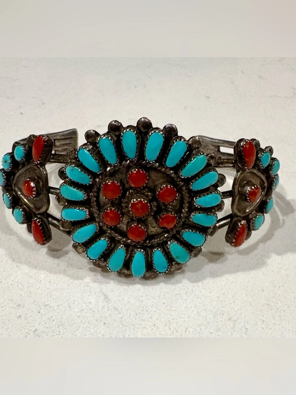 Vintage Leonard & Lula Weebothee Zuni Turquoise Coral Sterling Cuff